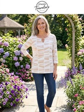 Chico's Travelers Cream Geo-Print Keyhole Long-Sleeve Top